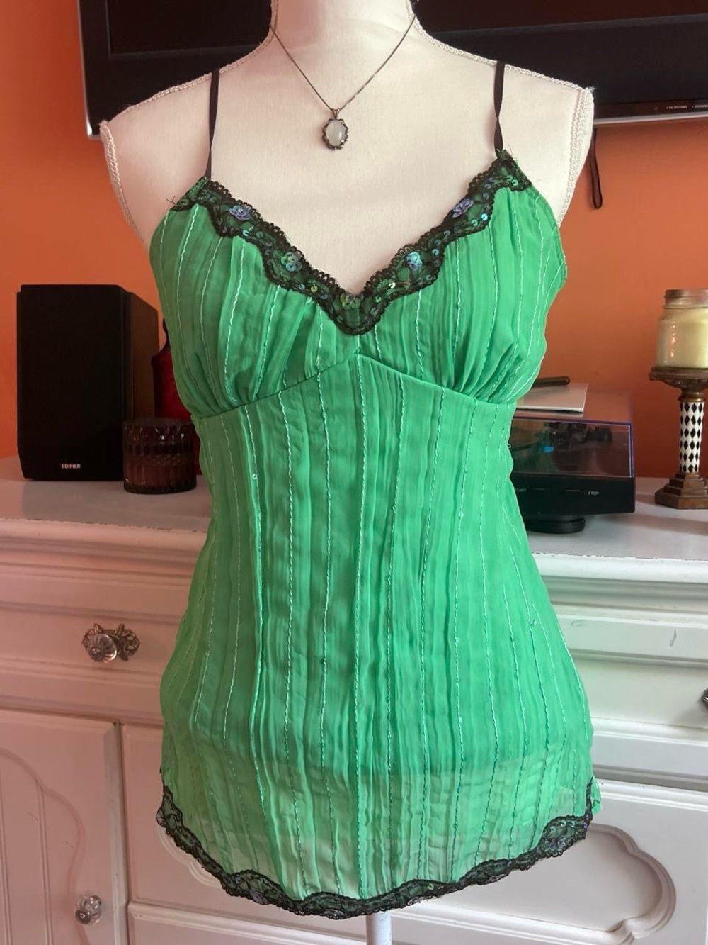 Fire Los Angeles Green Satin Camisole with Black Straps